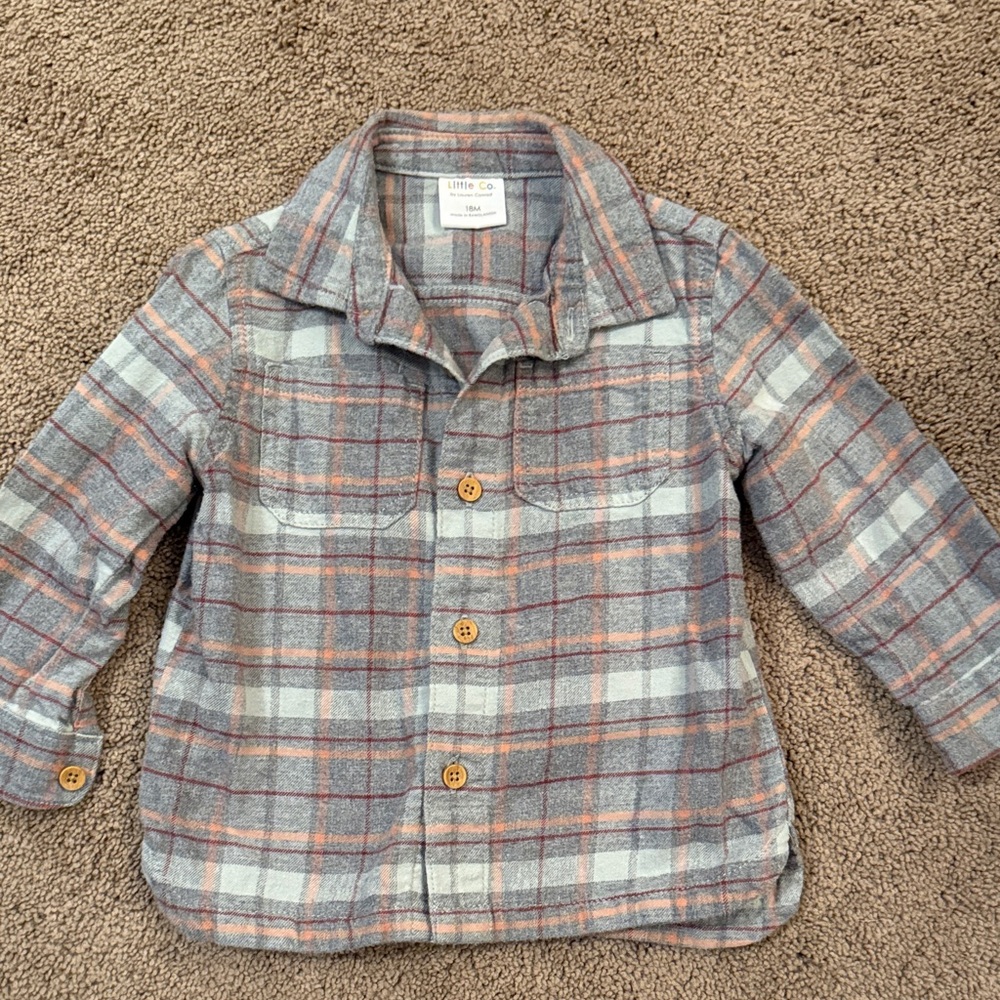 Little Co. Kids Plaid Button-Down Shirt in Gray and Orange